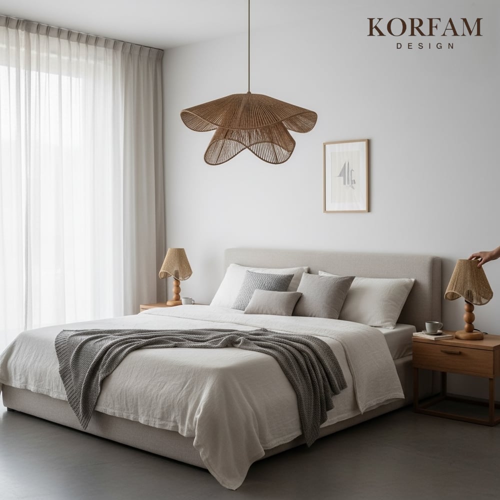 BREEZE Modeli Kahverengi Avize & Abajur Set - Hasır El Yapımı Bohem Avize 2li Ahşap Ayaklı Rustik Abajur Set