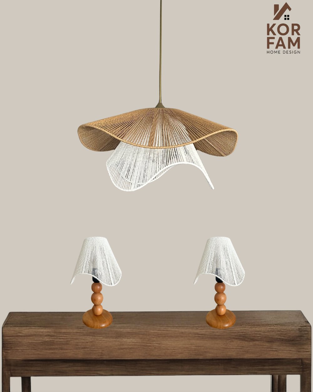 BREEZE Modeli Kahverengi & Beyaz Avize & Abajur Set - Hasır El Yapımı Bohem Avize 2li Ahşap Ayaklı Rustik Abajur Set
