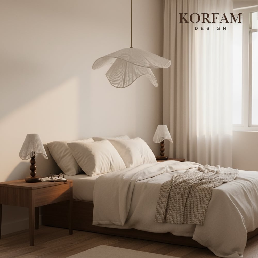 BREEZE Modeli Beyaz Avize & Abajur Set - Hasır El Yapımı Bohem Avize 2li Ahşap Ayaklı Rustik Abajur Set
