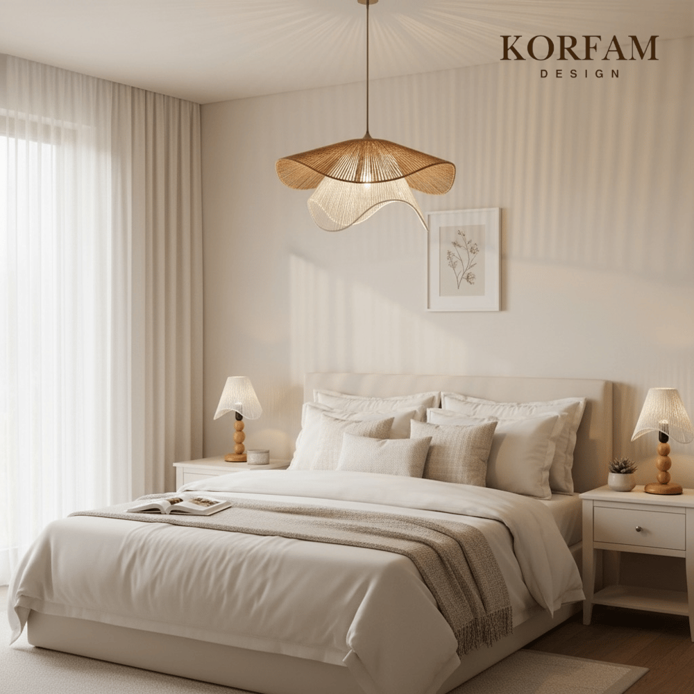 BREEZE Modeli Kahverengi & Beyaz Avize & Abajur Set - Hasır El Yapımı Bohem Avize 2li Ahşap Ayaklı Rustik Abajur Set