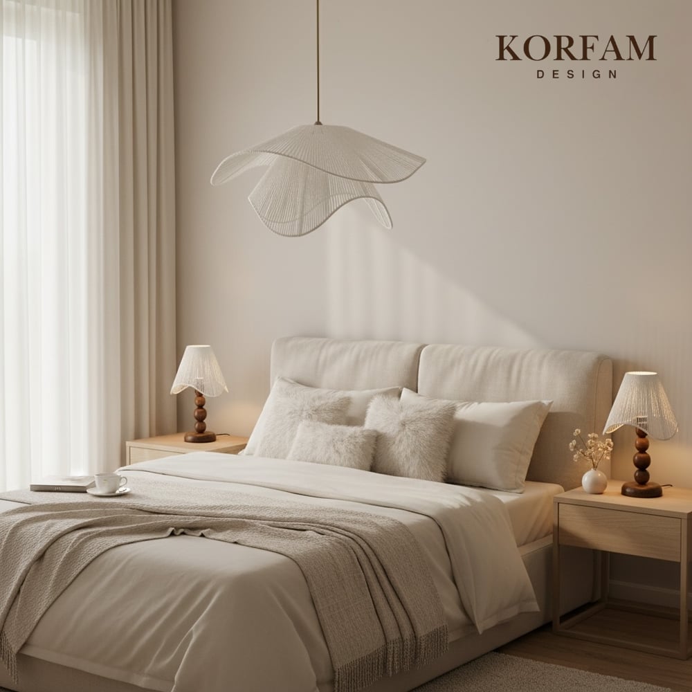 BREEZE Modeli Beyaz Avize & Abajur Set - Hasır El Yapımı Bohem Avize 2li Ahşap Ayaklı Rustik Abajur Set