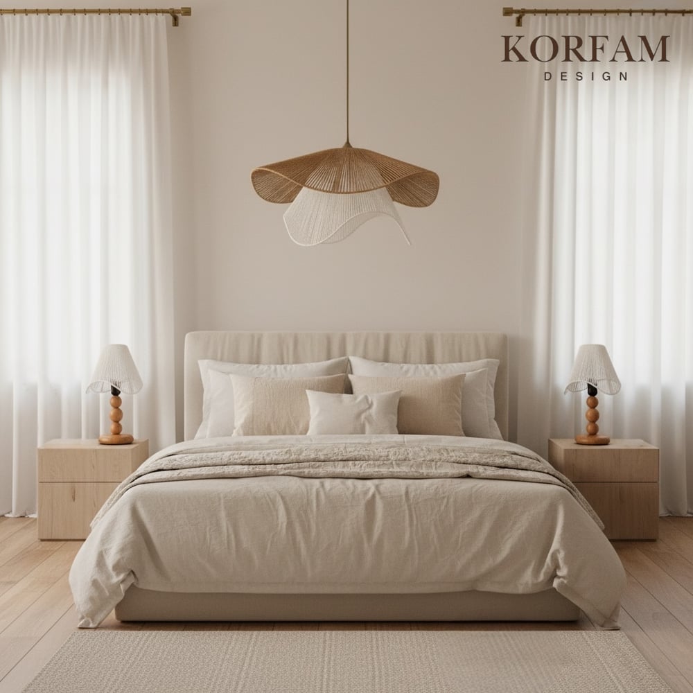BREEZE Modeli Kahverengi & Beyaz Avize & Abajur Set - Hasır El Yapımı Bohem Avize 2li Ahşap Ayaklı Rustik Abajur Set