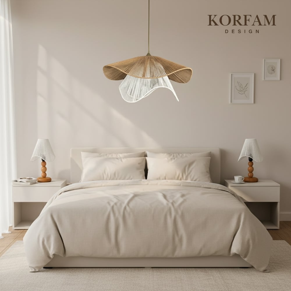 BREEZE Modeli Kahverengi & Beyaz Avize & Abajur Set - Hasır El Yapımı Bohem Avize 2li Ahşap Ayaklı Rustik Abajur Set