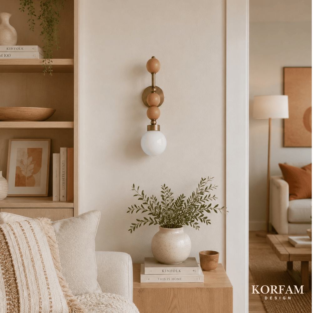 Elektrik Tesisatlı Ahşap Top Detaylı Opal Cam Küre Başlıklı Dekoratif Duvar Aplik