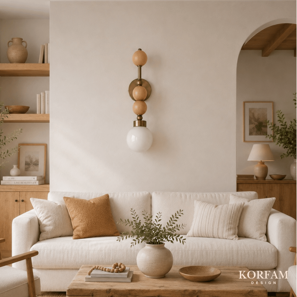 Elektrik Tesisatlı Ahşap Top Detaylı Opal Cam Küre Başlıklı Dekoratif Duvar Aplik