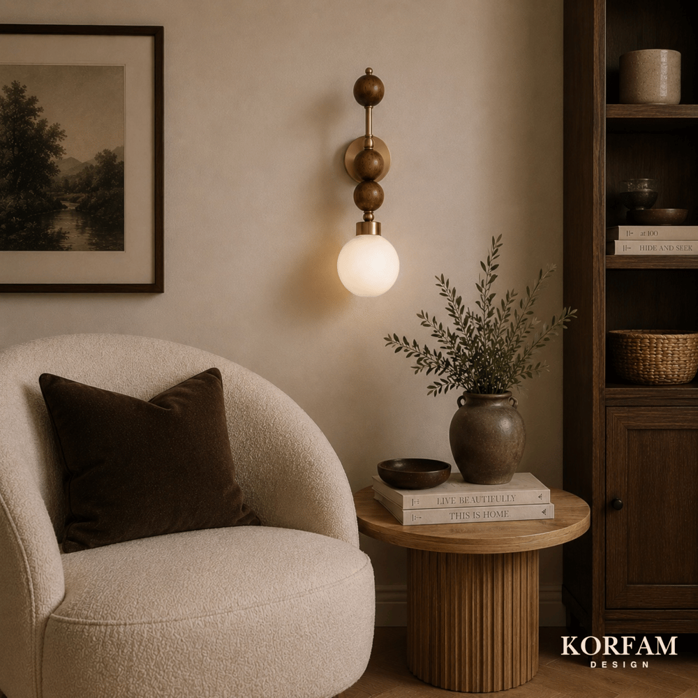 Elektrik Tesisatlı Ahşap Top Detaylı Opal Cam Küre Başlıklı Dekoratif Duvar Aplik