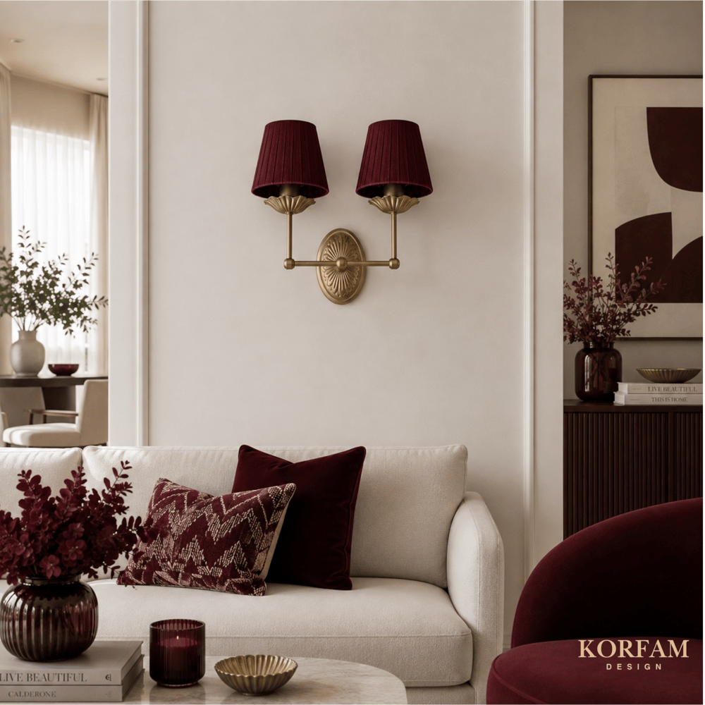 Elektrik Tesisatlı Bordo Keten Kumaş Çift Başlıklı Aplik