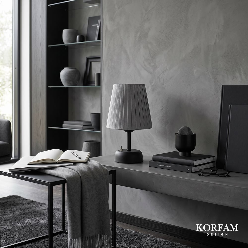 Gri Keten Kumaş Pilli Masa & Gece Lambası