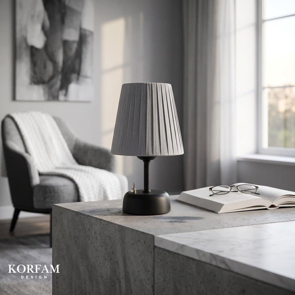 Gri Keten Kumaş Pilli Masa & Gece Lambası
