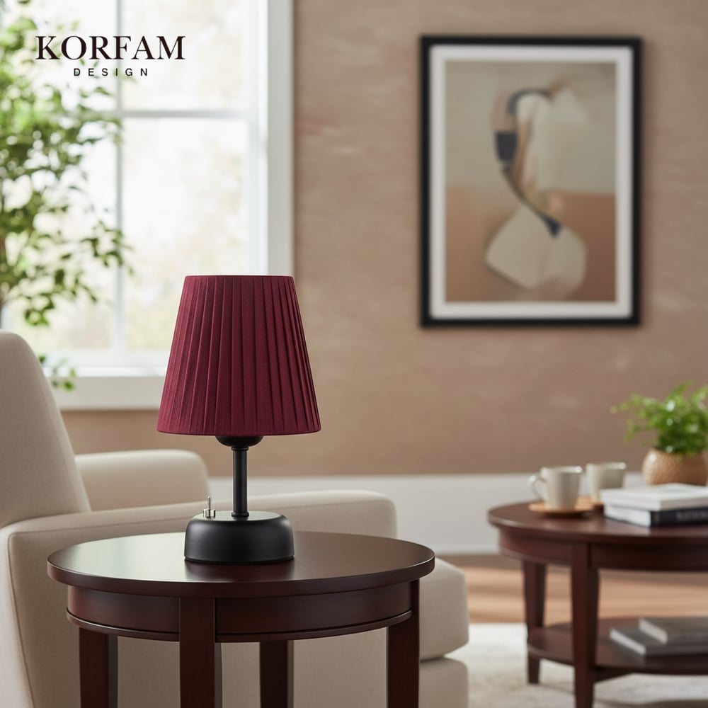 Bordo Keten Kumaş Pilli Masa & Gece Lambası