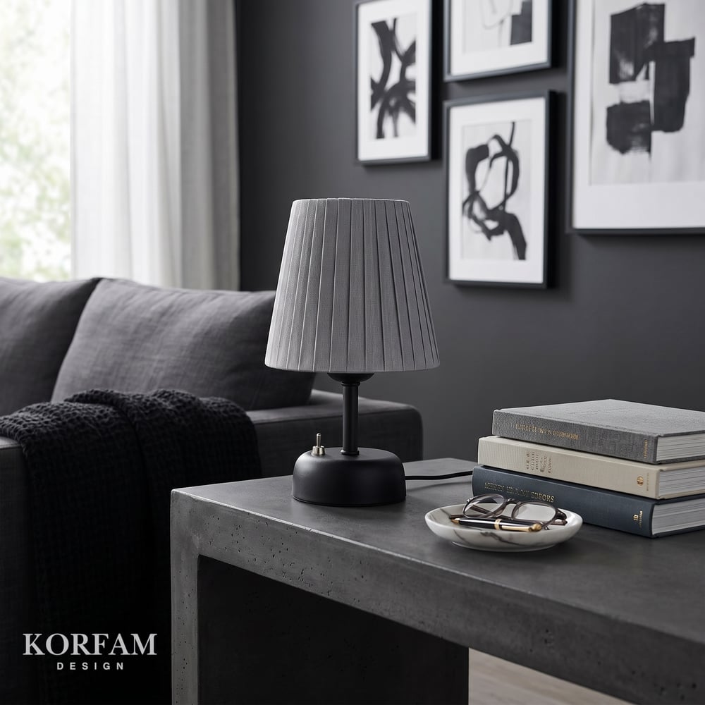 Gri Keten Kumaş Pilli Masa & Gece Lambası