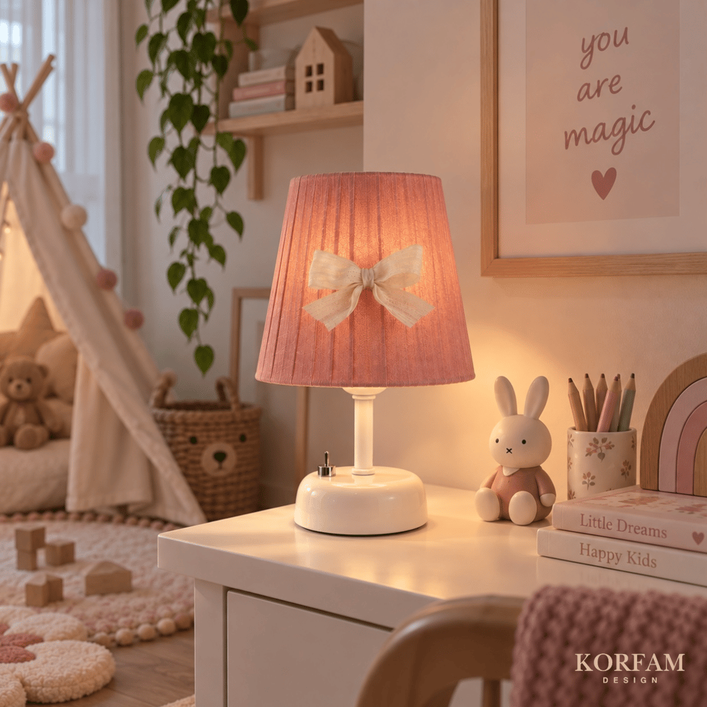 Gül Kurusu Pembe Keten Kumaş Kız Çocuk Odası Pilli Masa & Gece Lambası