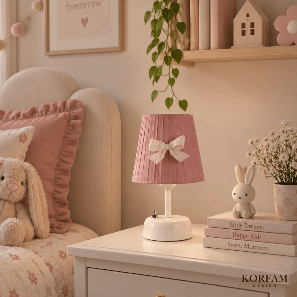 Gül Kurusu Pembe Keten Kumaş Kız Çocuk Odası Pilli Masa & Gece Lambası