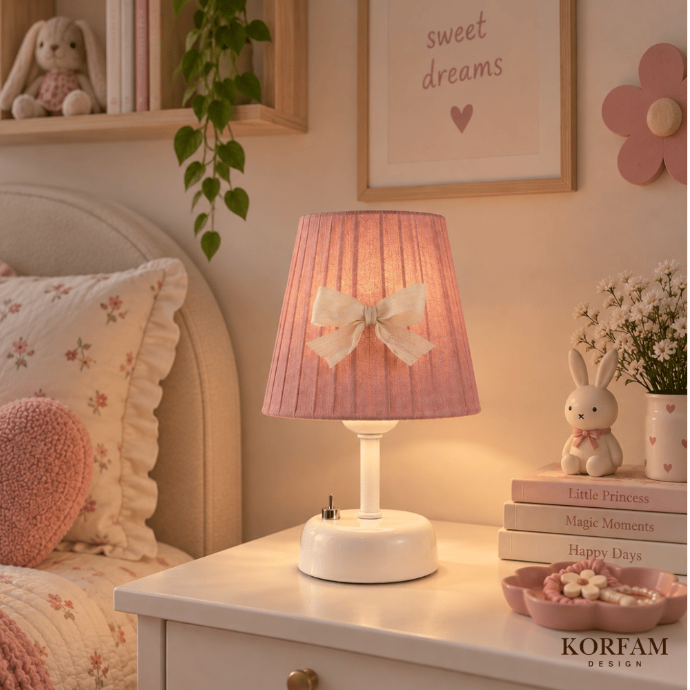 Gül Kurusu Pembe Keten Kumaş Kız Çocuk Odası Pilli Masa & Gece Lambası