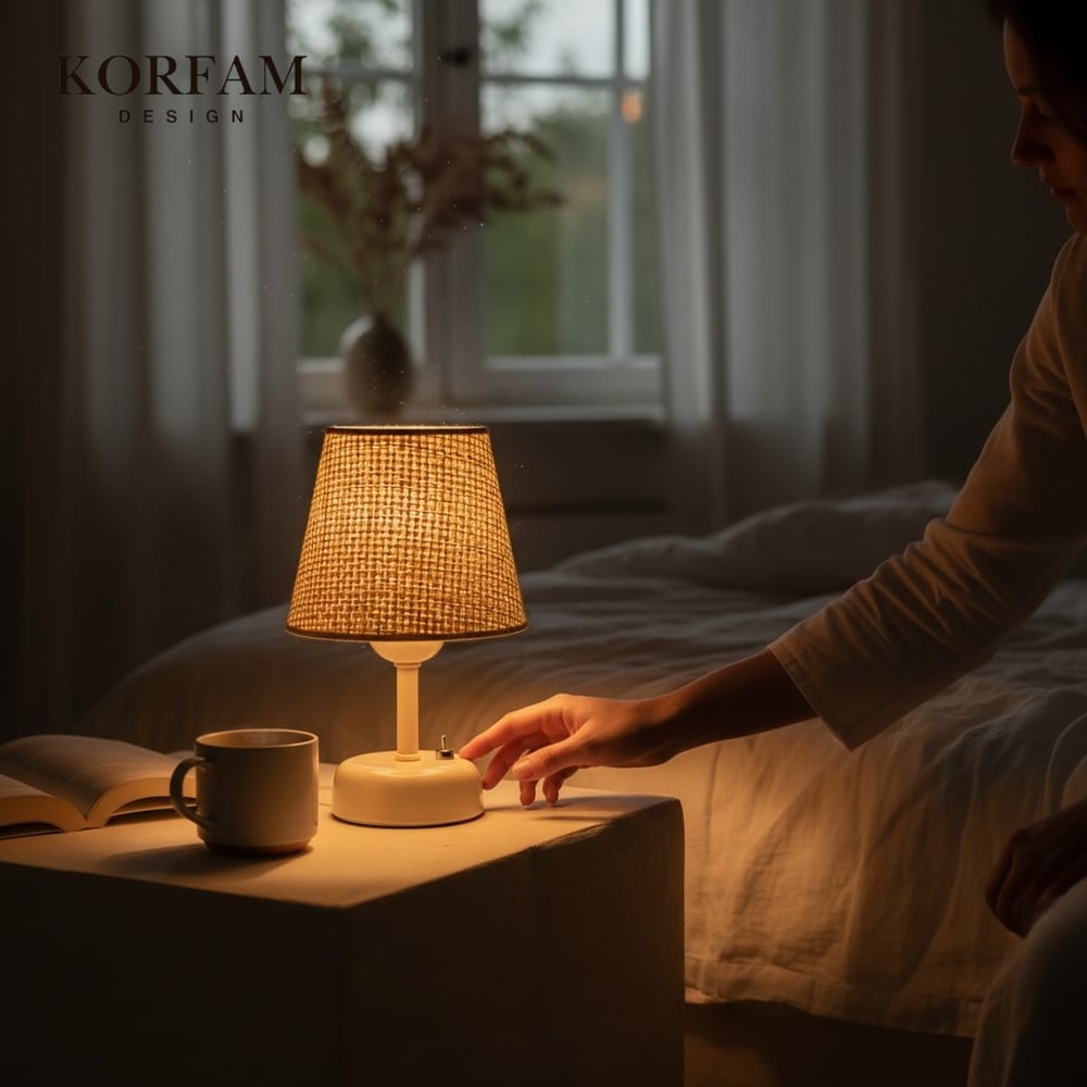 Krem Hasır Görünümlü Başlık Kablosuz Pilli Masa & Gece Lambası