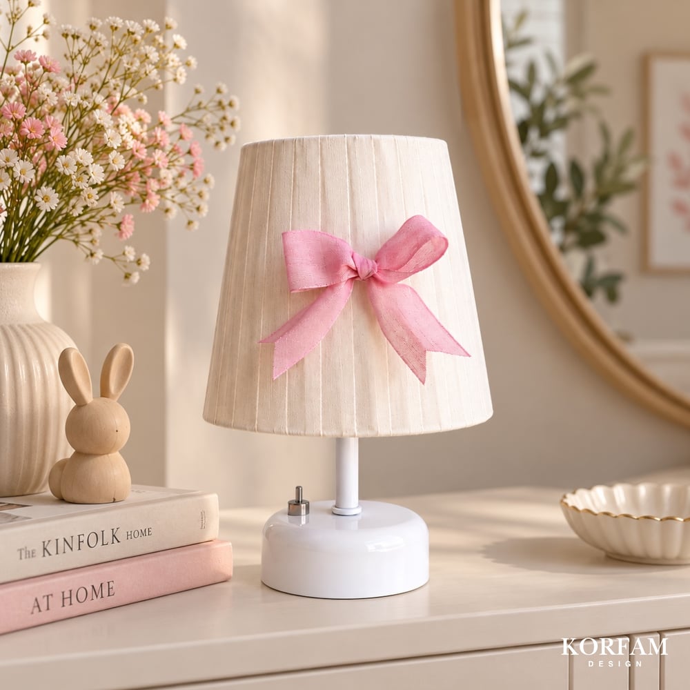 Krem & Pembe Keten Kumaş Kız Çocuk Odası Pilli Masa & Gece Lambası