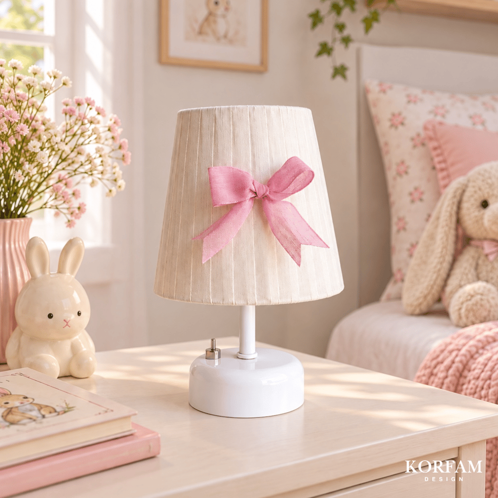 Krem & Pembe Keten Kumaş Kız Çocuk Odası Pilli Masa & Gece Lambası