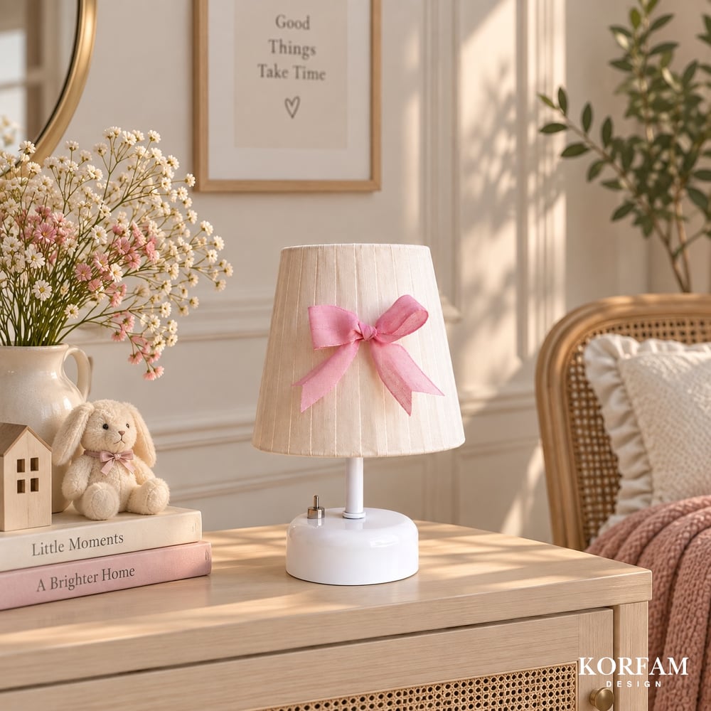 Krem & Pembe Keten Kumaş Kız Çocuk Odası Pilli Masa & Gece Lambası