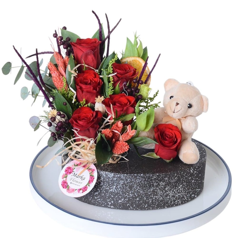 Red Roses in a Boat-Patterned Pot