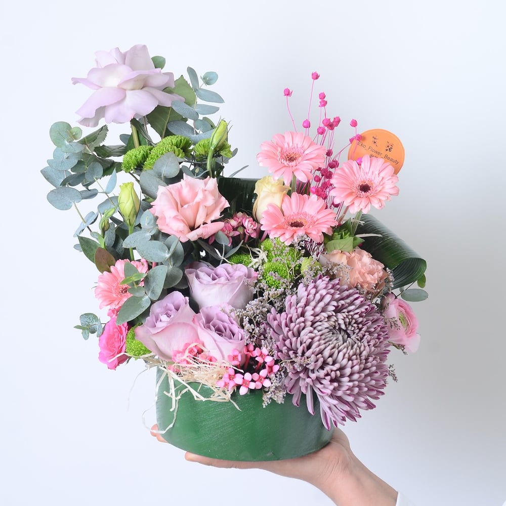 Yeşil Oval Saksıda Anastasiya ve Gerbera Çiçeği 