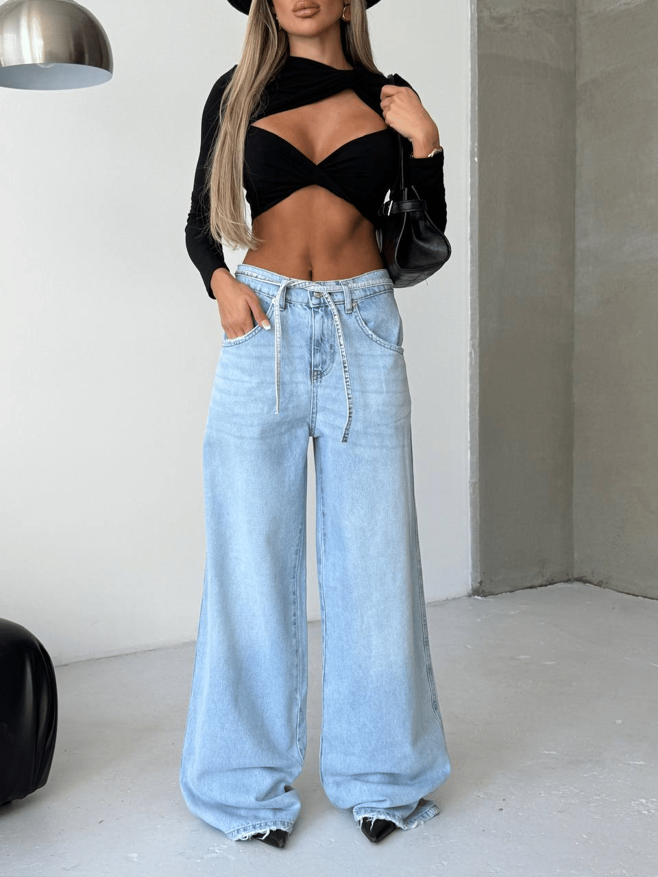 Açık Mavi Ultra Geniş Paça Bağcıklı Denim Pantolon