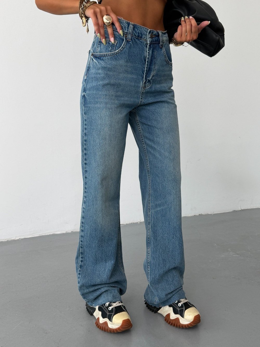 adın Yüksek Bel Wide Leg Jean Pantolon Düz Kesim Bol Paça Denim