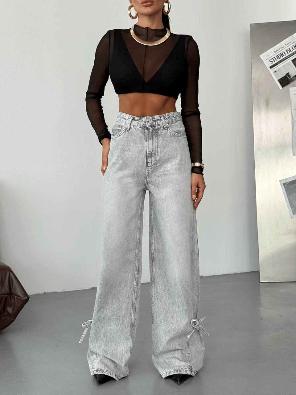 Bağcık Detaylı Yüksek Bel Geniş Paça Gri Denim Pantolon