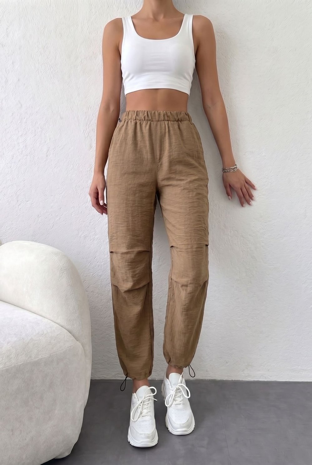 Büzgülü Bel Cepli Jogger Bej Cargo Pantolon