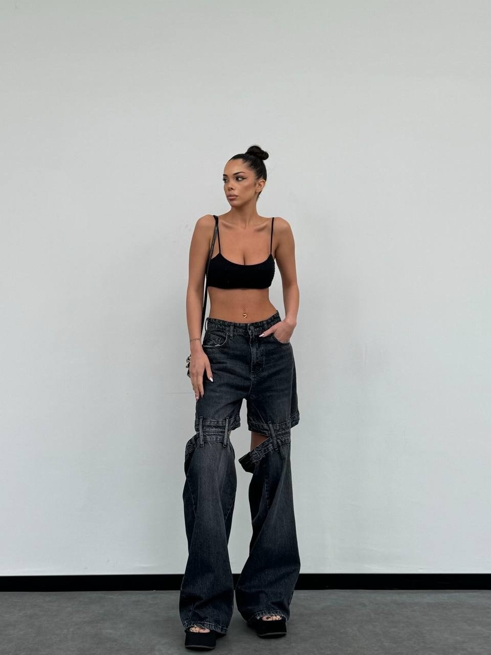 Çift Parçalı Detaylı Wide Leg Jean Pantolon