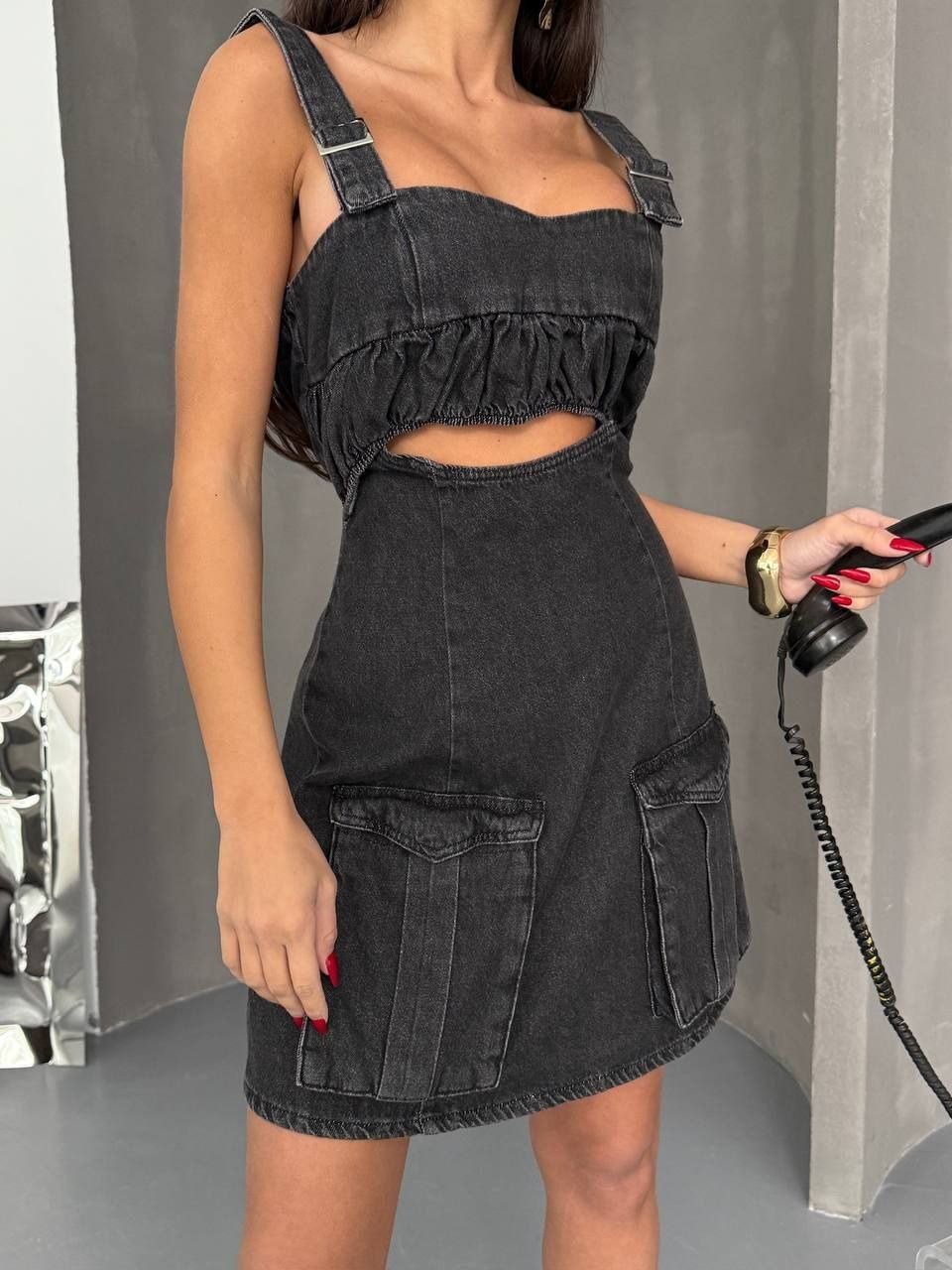 Denim Askılı Mini Elbise Cep Detaylı