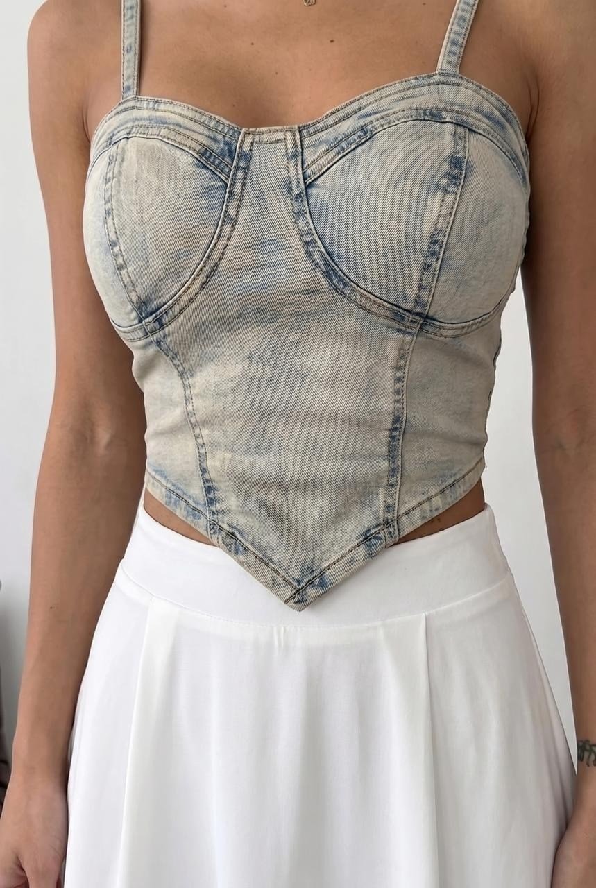Denim Büstiyer Kadın Askılı Crop Jean Üst (Korse Form)