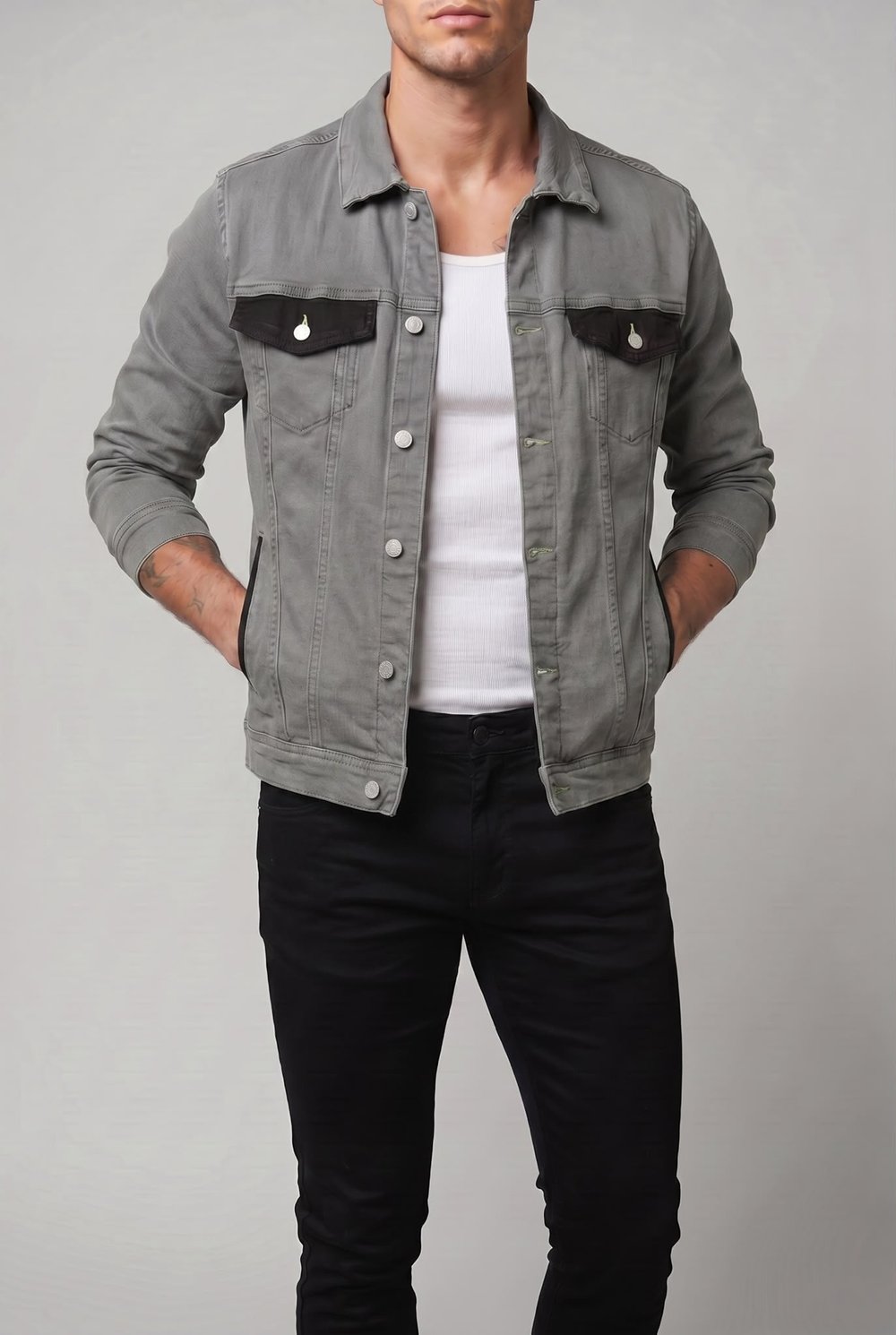 Erkek Bloklu Cep Detaylı Slim Fit Jean Ceket Gömlek