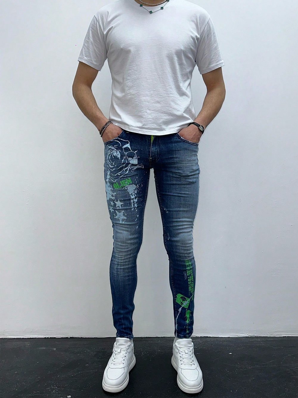 Erkek Mavi Baskı Detaylı Slim Fit Likralı Skinny Jean Pantolon