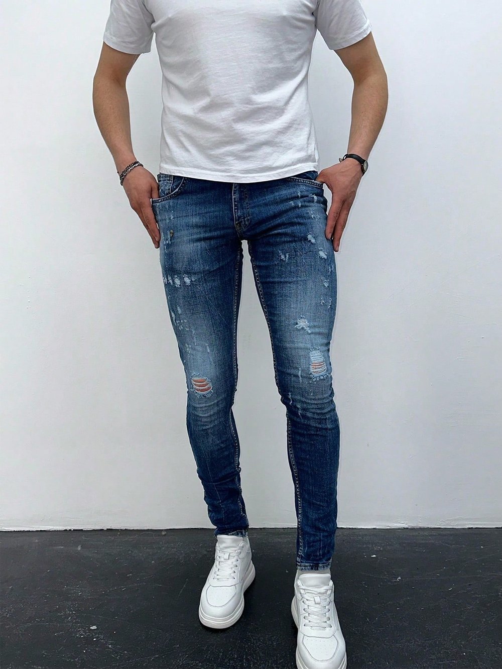 Erkek Mavi Taşlamalı Yırtık Detay Slim Fit Likralı Skinny Jean Pantolon
