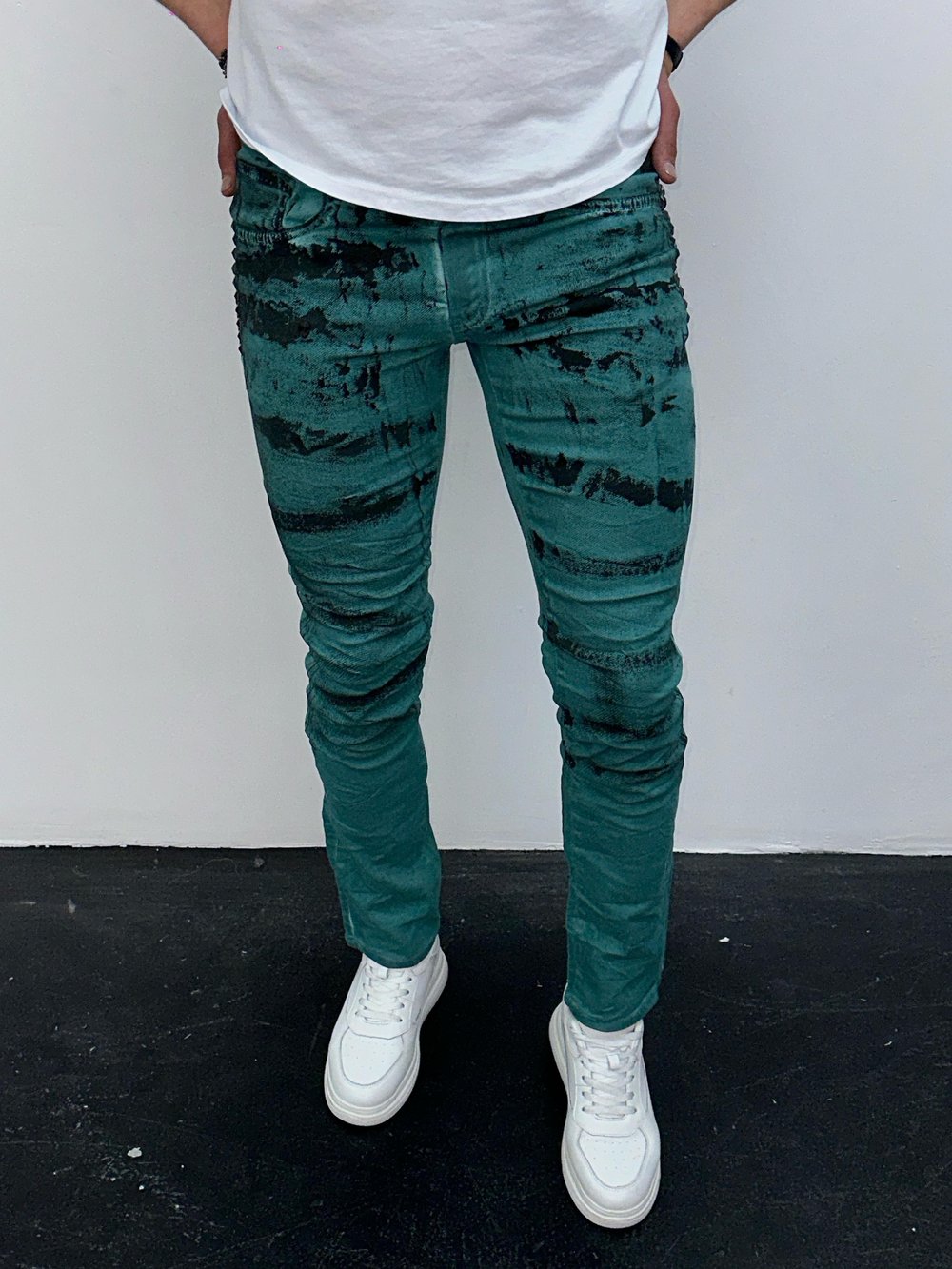 Erkek Yeşil Batik Efektli Slim Fit Likralı Jean Pantolon