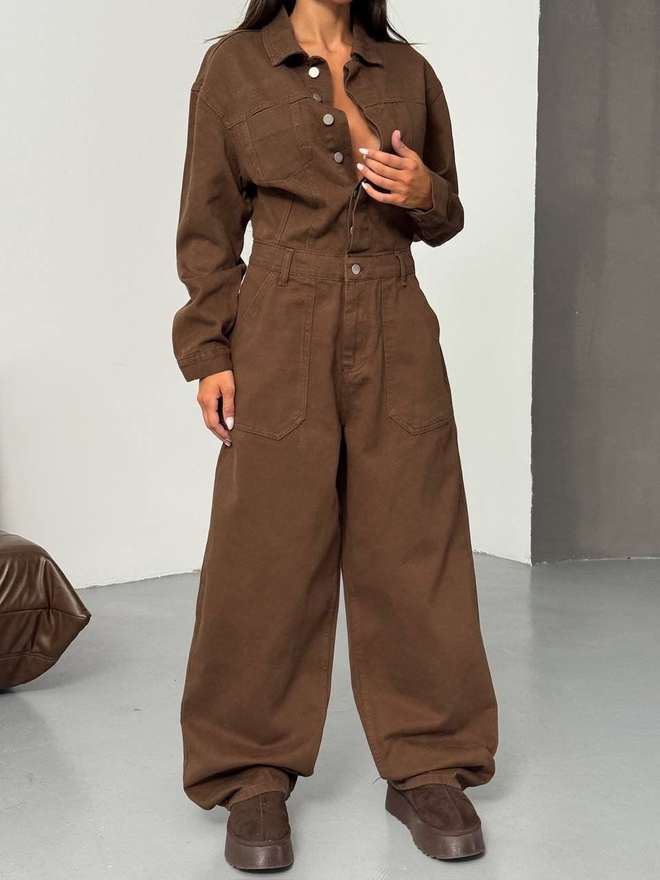 Geniş Paça Kahverengi Tulum (Wide-Leg Jumpsuit)