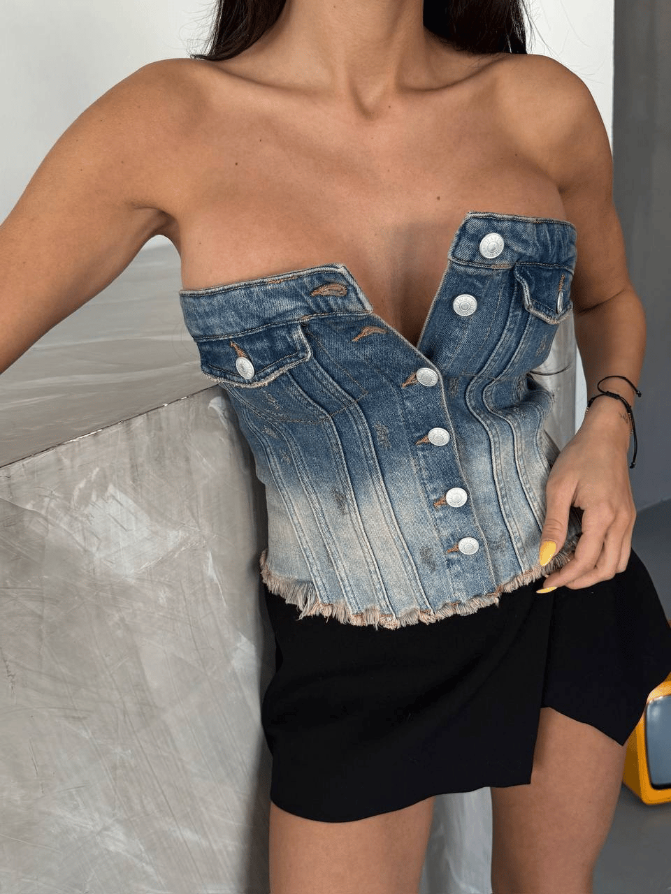 HerTon Kadın %100 Pamuk Denim Büstiyer – Straplez Düğmeli Modern Crop Top