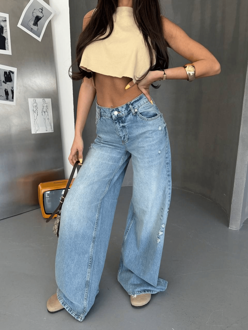 HerTon Kadın %100 Pamuk Wide-Leg Geniş Paça Eskitme Detaylı Jean Pantolon - Açık Mavi Denim