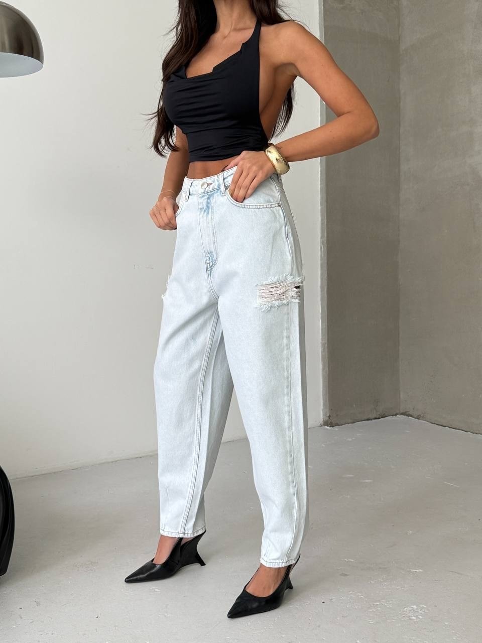 HerTon Kadın Açık Mavi %100 Pamuk Yüksek Bel Slouchy Jean Pantolon