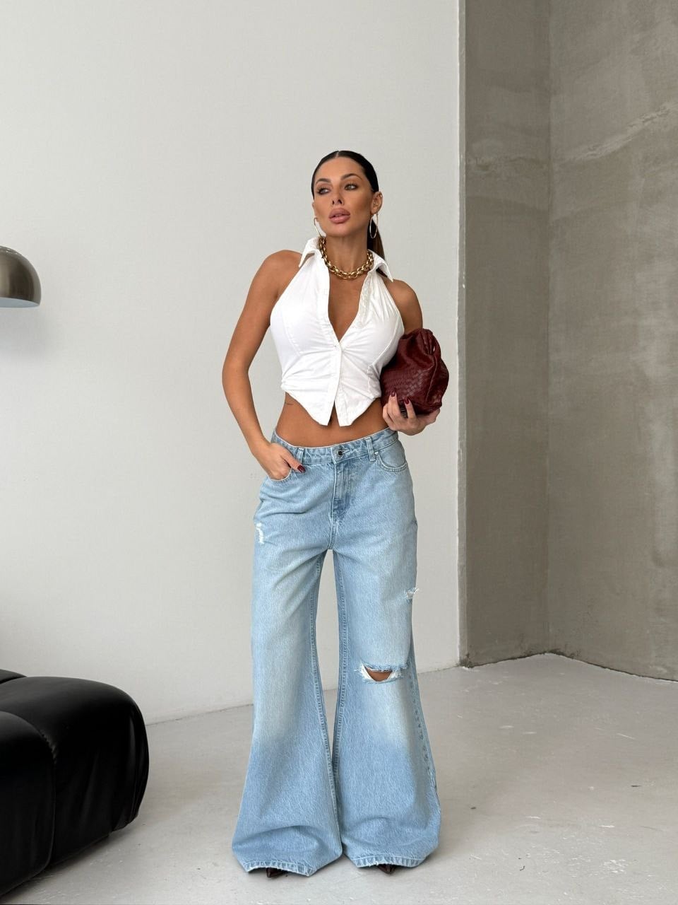 HerTon Kadın Bol Paça Wide Leg Jean - %100 Pamuk Yırtık Detaylı Pantolon