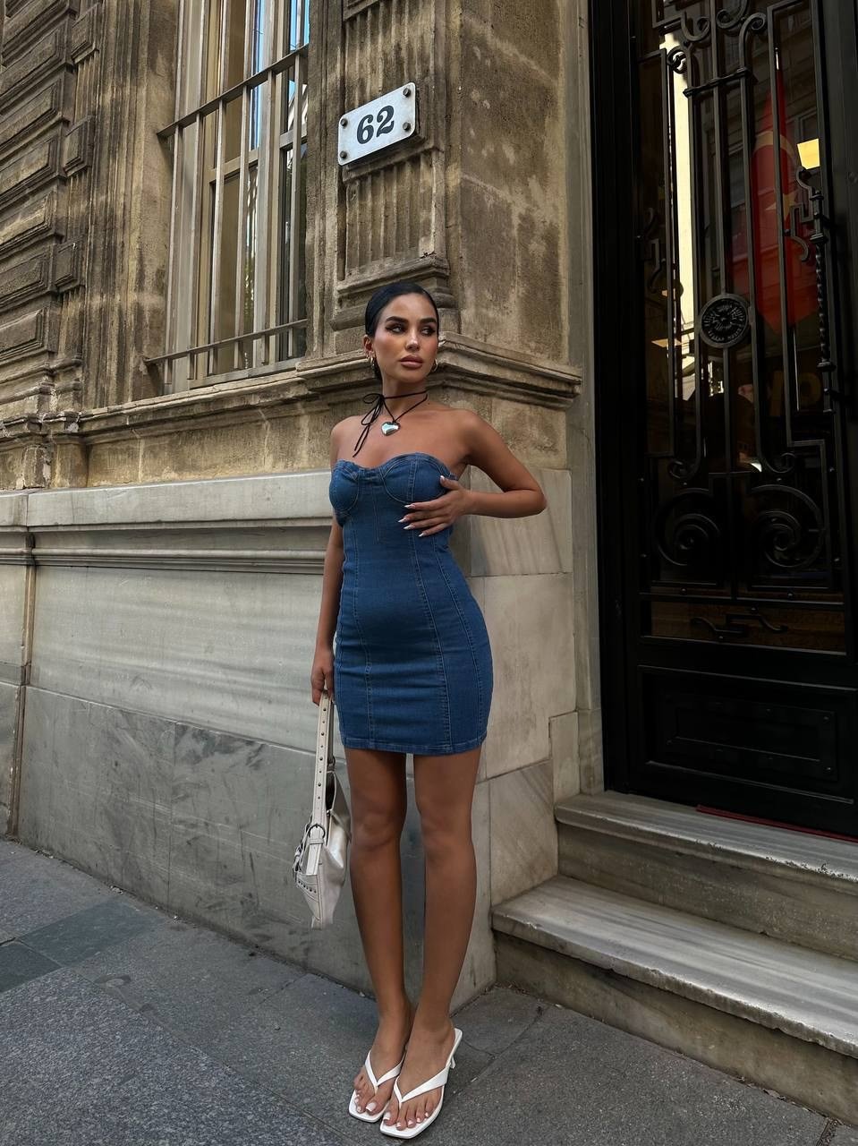HerTon Kadın Straplez Denim Mini Elbise – %98 Pamuk Bodycon Jean Elbise