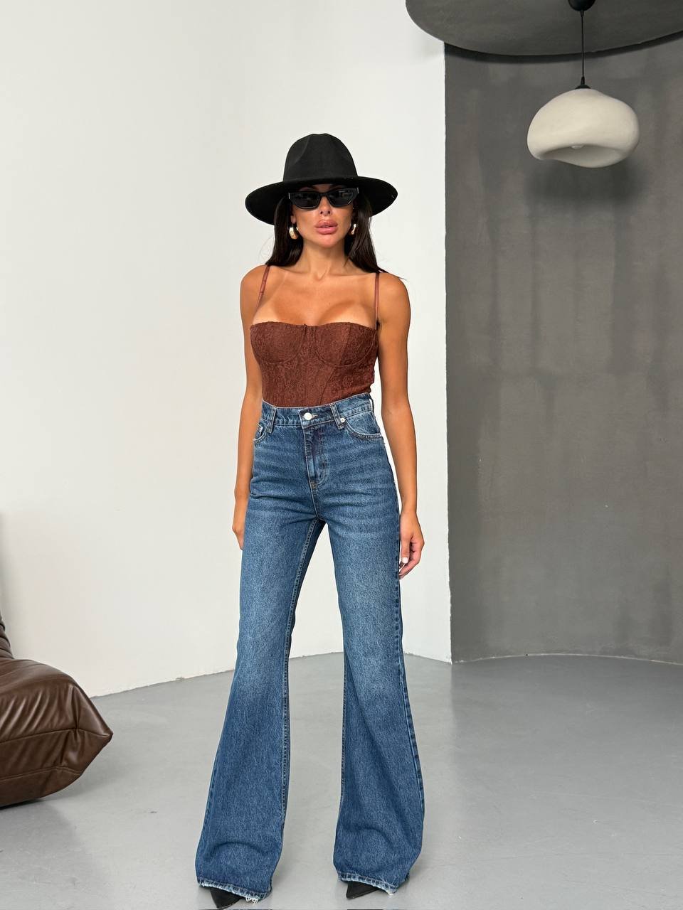HerTon Kadın Yüksek Bel İspanyol Paça Jean Pantolon – %100 Pamuk Vintage Mavi Denim