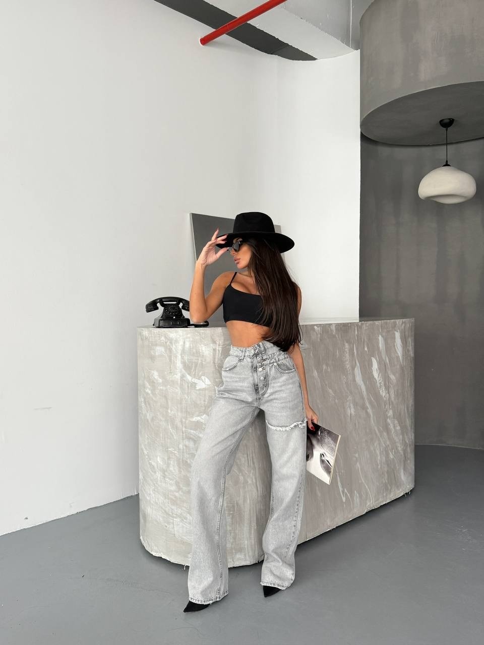 HerTon Yüksek Bel Asimetrik Düğmeli Jean - Gri Wide Leg Geniş Paça Denim Pantolon
