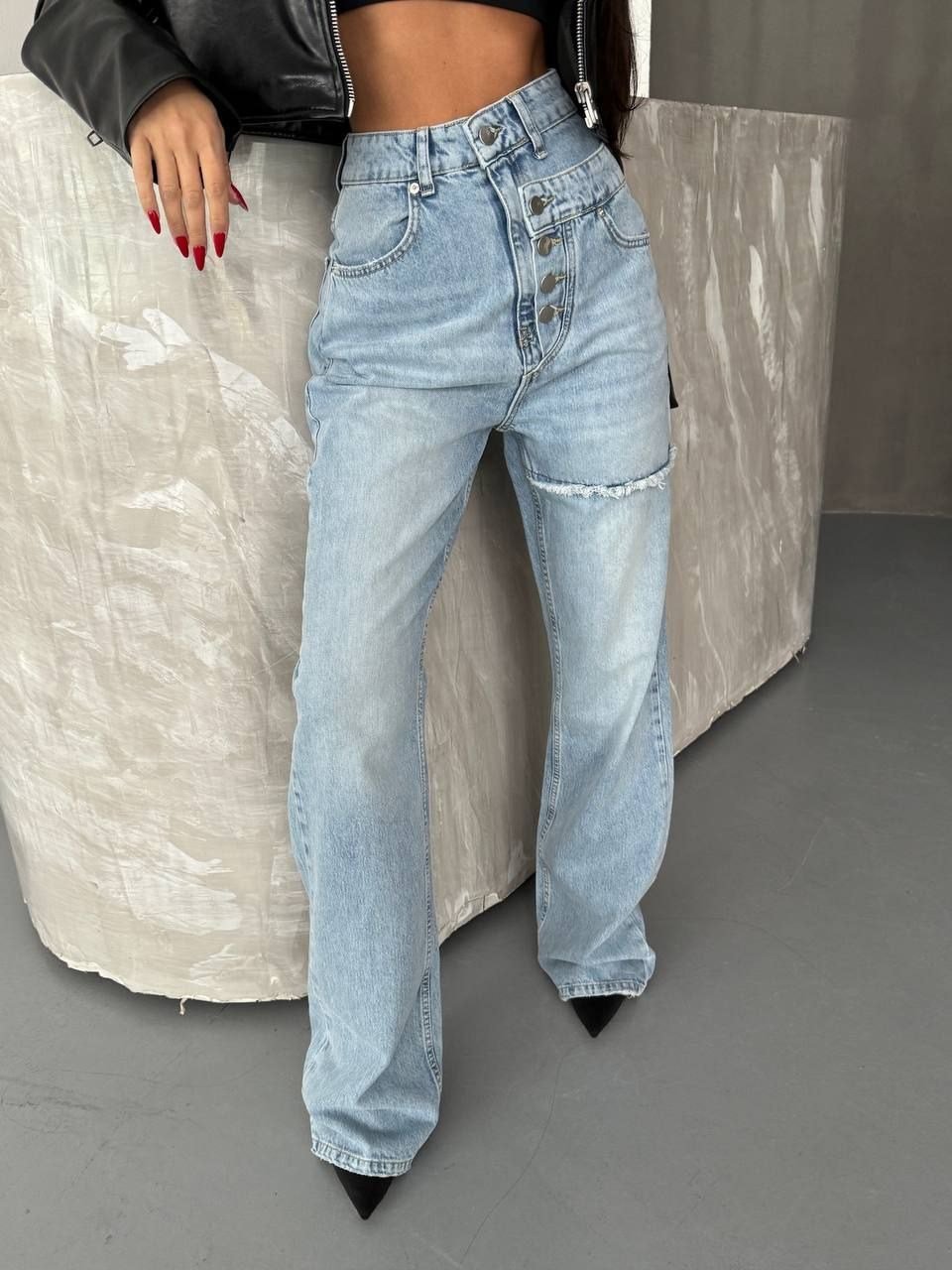 HerTon Yüksek Bel Asimetrik Düğmeli Jean - Gri Wide Leg Geniş Paça Denim Pantolon