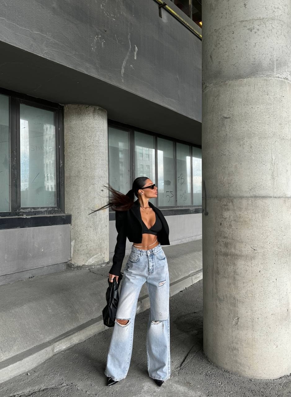 HerTon Yüksek Bel Geniş Paça Jean - Dizleri Yırtık Detaylı Wide Leg Denim Pantolon