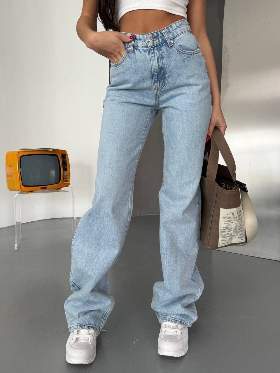 Kadın Asimetrik Bel Wide Leg Jean - %100 Pamuklu Dizden Yırtık Pantolon
