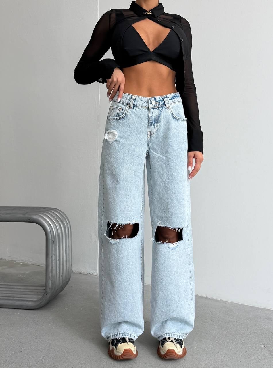 Kadın Bel Pencereli Wide Leg Jean Pantolon - Yüksek Bel Cep Detaylı Geniş Paça Denim