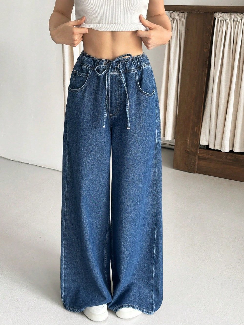 Kadın Beli Lastikli Ultra Rahat Geniş Paça Denim Pantolon