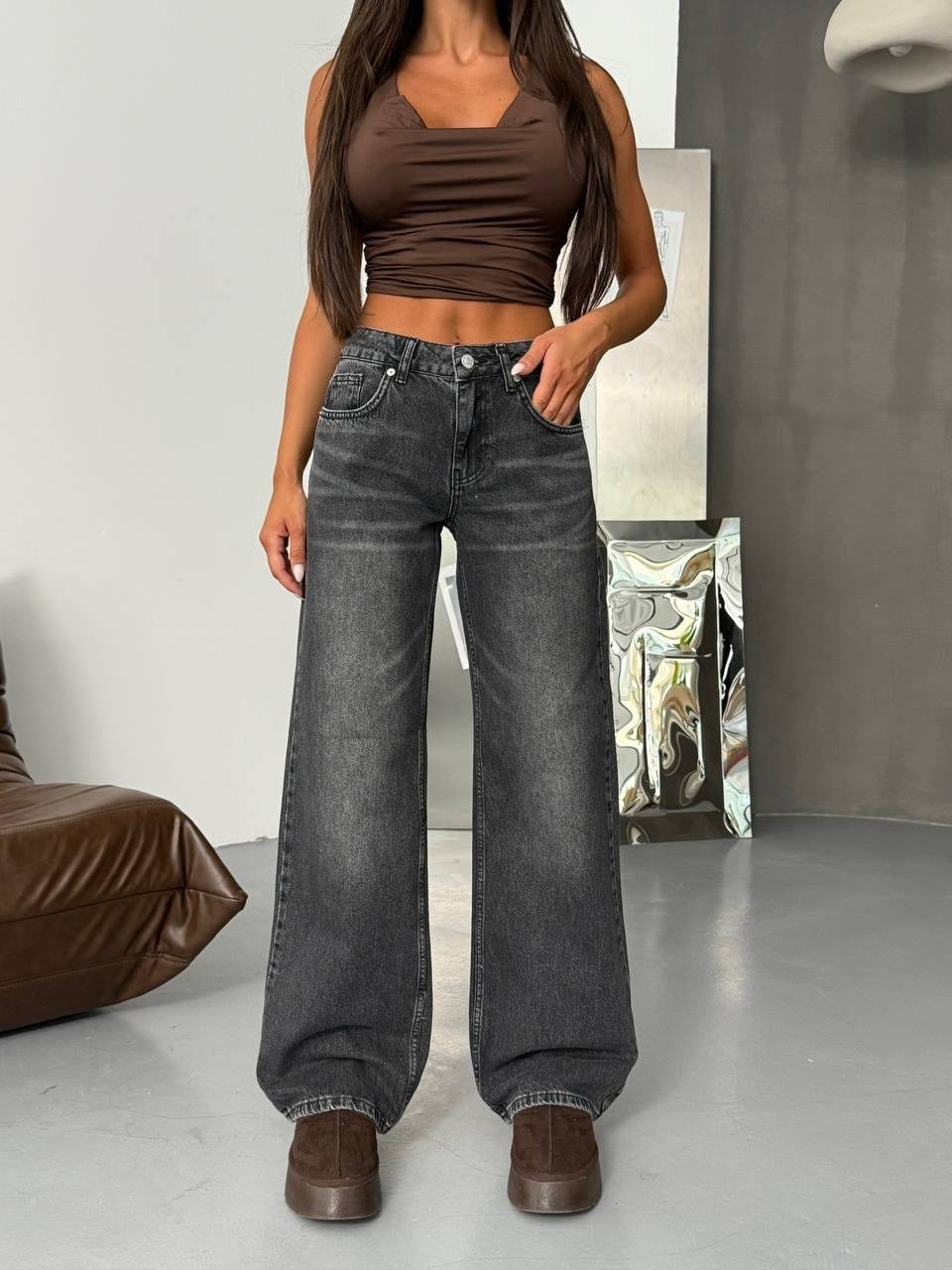 Kadın Bol Paça Denim Pantolon