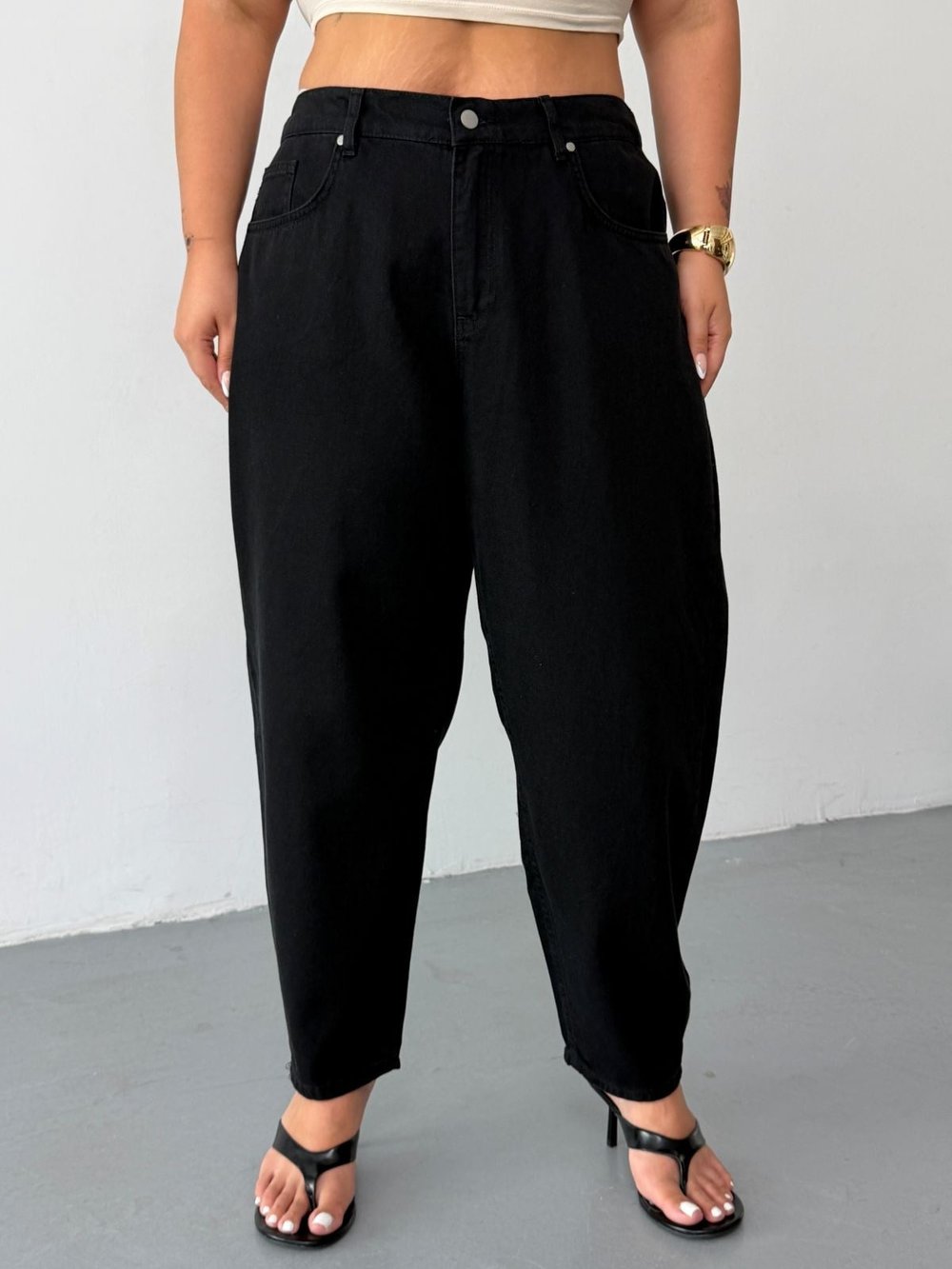 Kadın Büyük Beden Yüksek Bel Arka Beli Lastikli Mom Slouchy Jean Pantolon